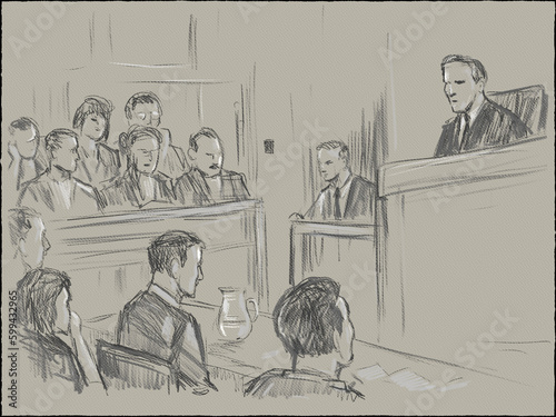 Pastel pencil pen and ink sketch illustration of a courtroom trial setting with judge, lawyer, defendant, plaintiff, witness and jury on a court case drama in judiciary court of law and justice. (ID: 599432965)