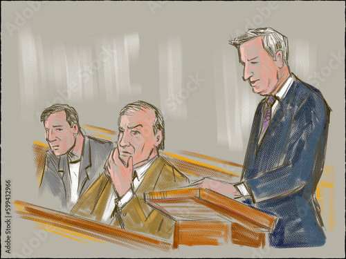 Pastel pencil pen and ink sketch illustration of a courtroom trial setting with judge, lawyer, defendant, plaintiff, witness and jury on a court case drama in judiciary court of law and justice. (ID: 599432966)