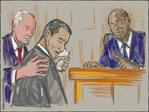 Pastel pencil pen and ink sketch illustration of a courtroom trial setting with judge, lawyer, defendant, plaintiff, witness and jury on a court case drama in judiciary court of law and justice. (ID: 599432991)