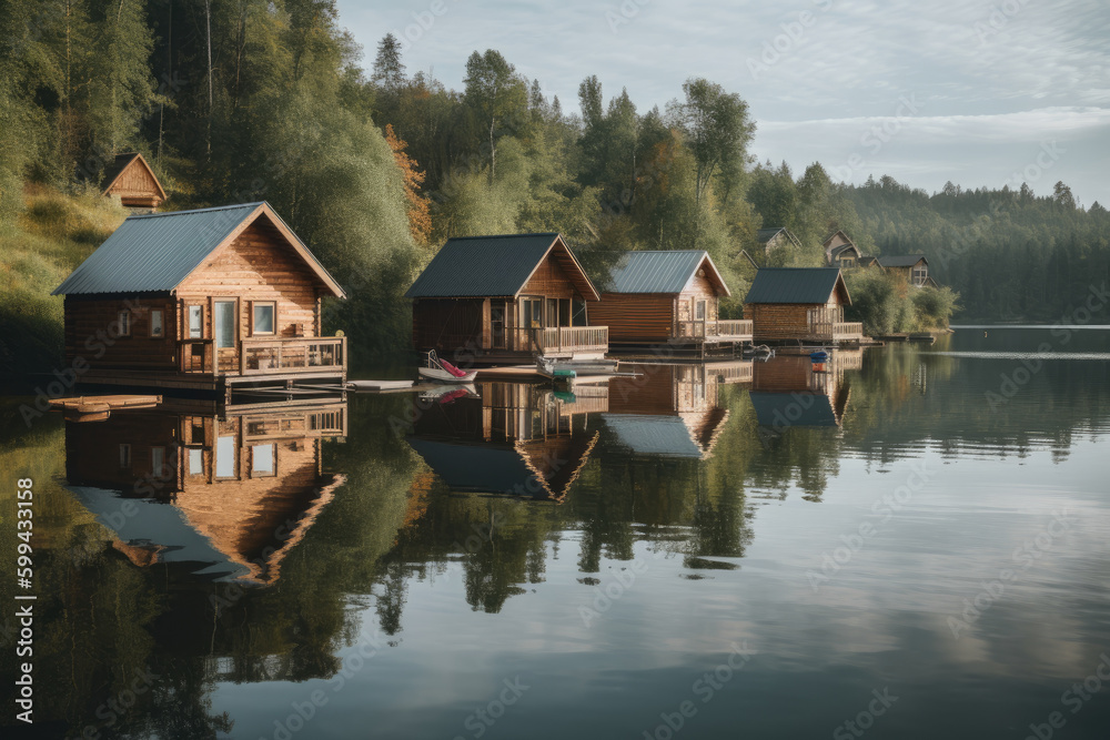 Tranquil Lakeside Getaway with a Row of Cozy Cabins, generative ai Tranquil Lakeside Getaway with a Row of Cozy Cabins, generative ai