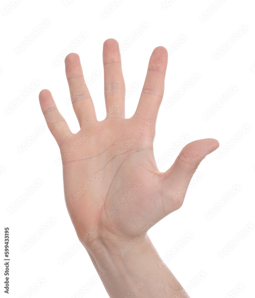 Man giving high five on white background, closeup of hand Man giving high five on white background, closeup of hand