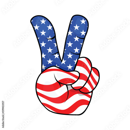 Hand Making V as Victory Peace Sign Painted United States of America Flag Color