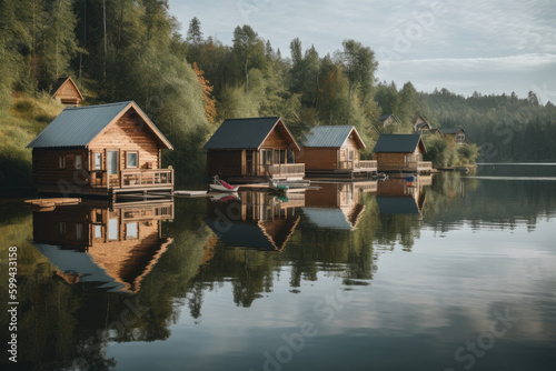 Tranquil Lakeside Getaway with a Row of Cozy Cabins  generative ai