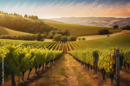 Vineyard Dreams Mesmerizing View of Endless Rows of Lush Grapevines, generative ai