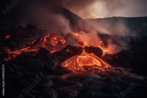 Volcanic Fury Scorching Scene of Molten Lava and Smoke Rising from a Fiery Crater, generative ai