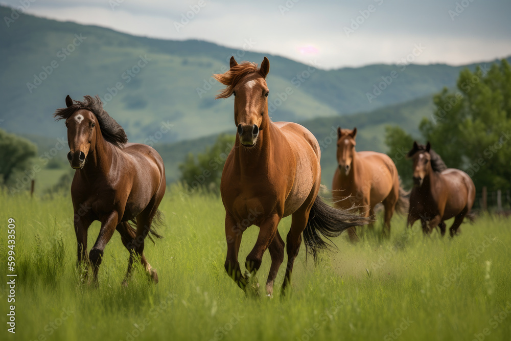 Wild Horses Galloping in a Lush Meadow, generative ai Wild Horses Galloping in a Lush Meadow, generative ai