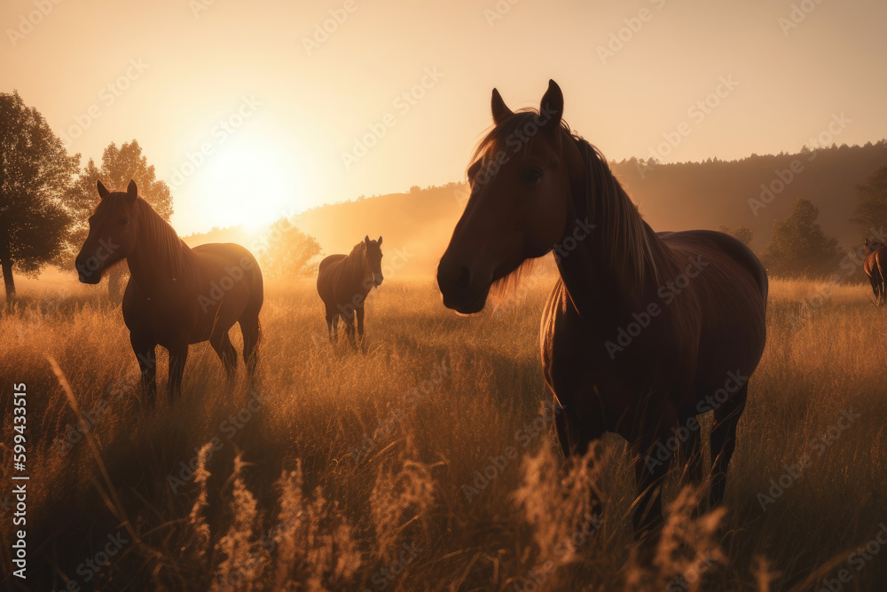 Wild Horses in a Picturesque Meadow at Sunset, generative ai