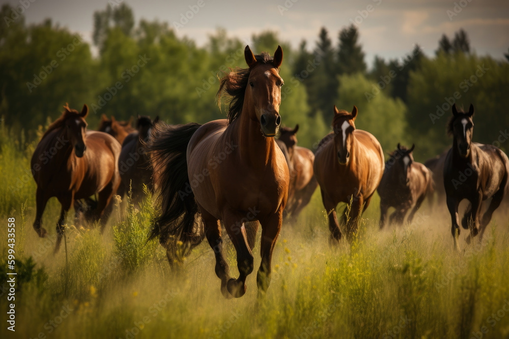 Wild Horses Galloping in a Lush Meadow, generative ai