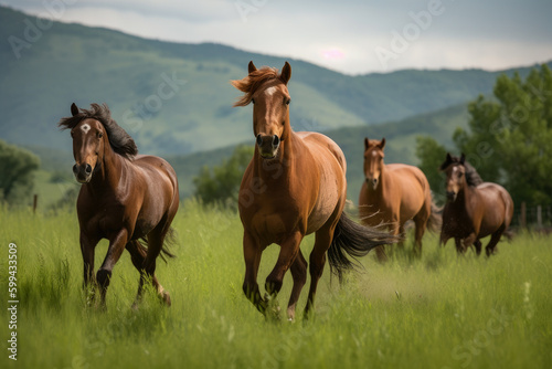 Wild Horses Galloping in a Lush Meadow  generative ai