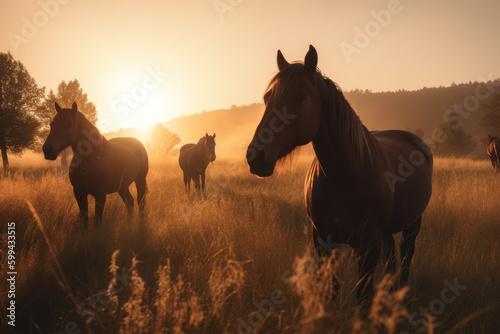 Wild Horses in a Picturesque Meadow at Sunset  generative ai
