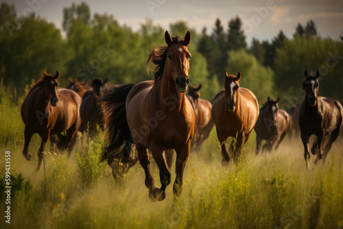 Wild Horses Galloping in a Lush Meadow, generative ai © aicandy
