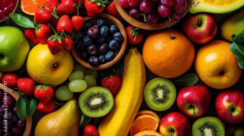 Fruits and berries background. Healthy food concept. Top view. Created with Generative AI tools