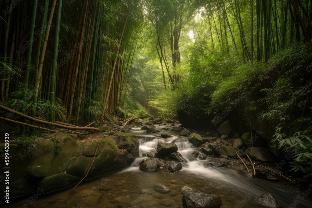 Obraz premium Bamboo Forest with a Small Waterfall and juicy leaves, generative ai