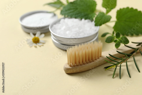 Bamboo toothbrush and herbs on beige background, closeup. Space for text