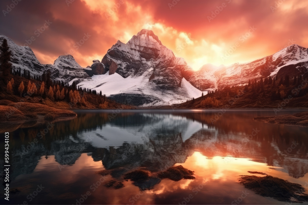 Breathtaking view of a snow-capped mountain peak with a dramatic sunset sky and a tranquil lake in the foreground, generative ai