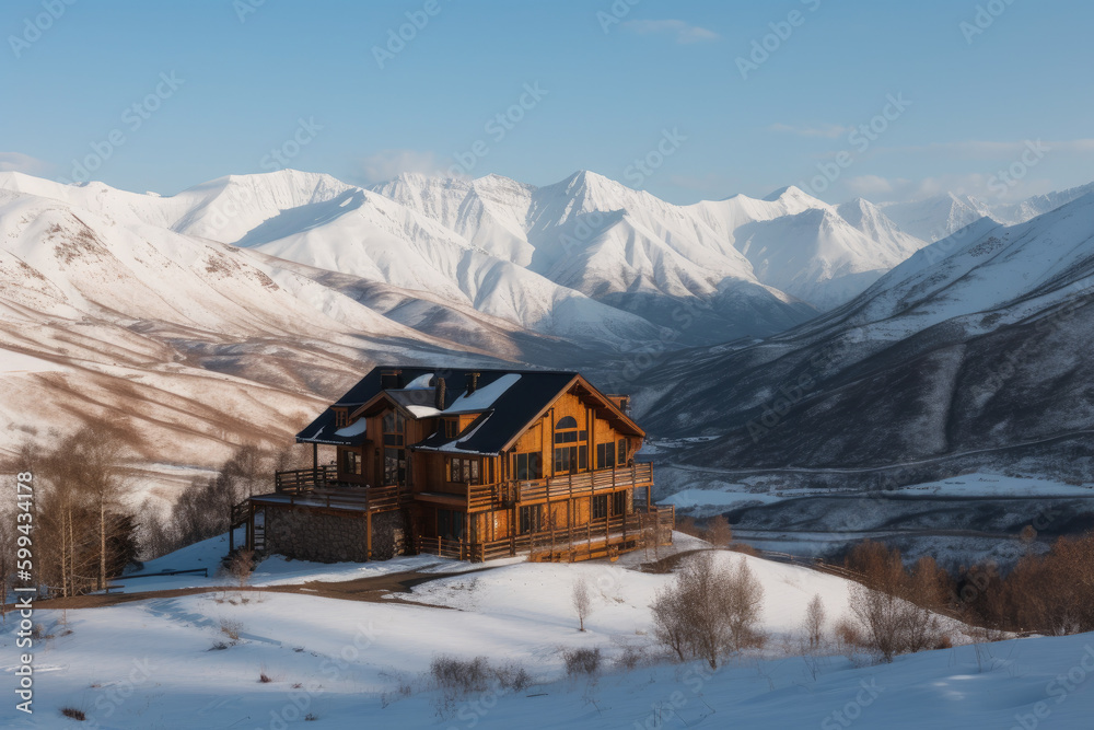 breathtaking view of the log cabin surrounded by snow-capped mountains in the valley, generative ai