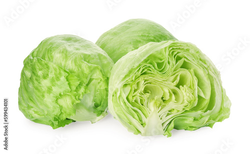 Whole and cut fresh green iceberg lettuces isolated on white © New Africa
