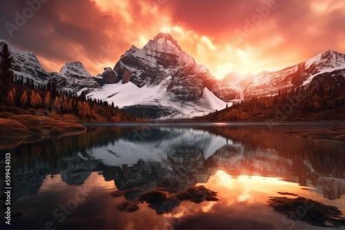 Breathtaking view of a snow-capped mountain peak with a dramatic sunset sky and a tranquil lake in the foreground  generative ai
