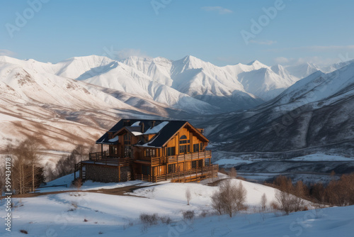 breathtaking view of the log cabin surrounded by snow-capped mountains in the valley, generative ai © aicandy