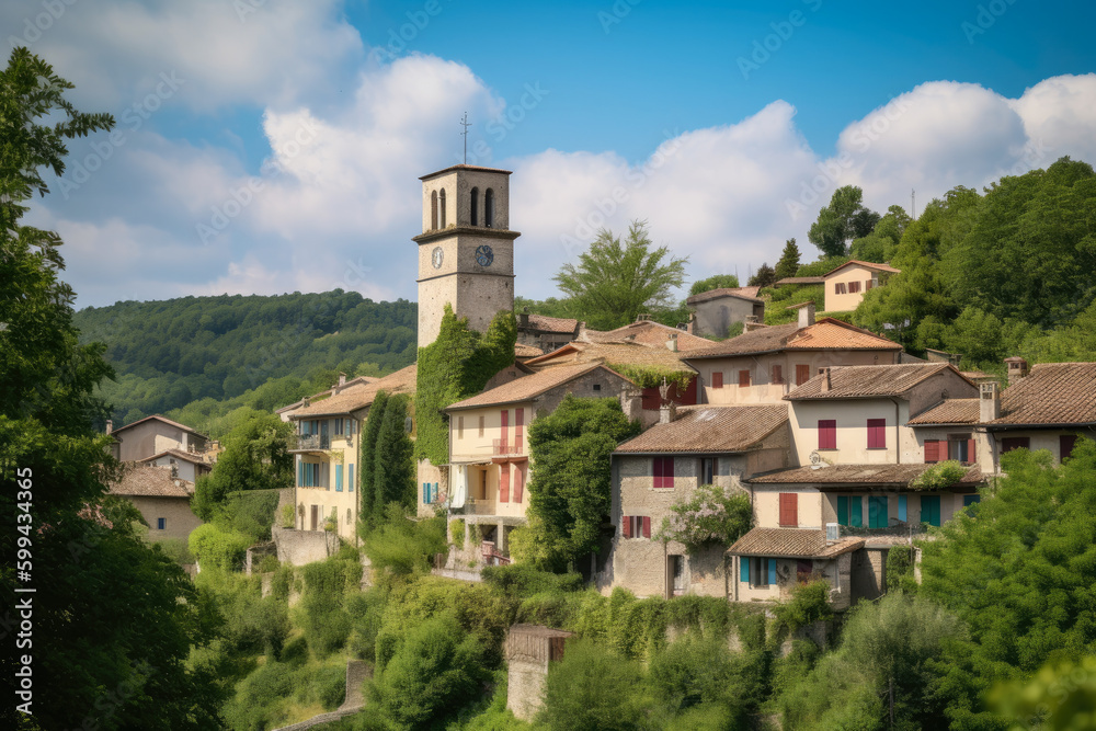 Charming village with bustling market square and striking clock tower nestled amidst rolling green hills, generative ai