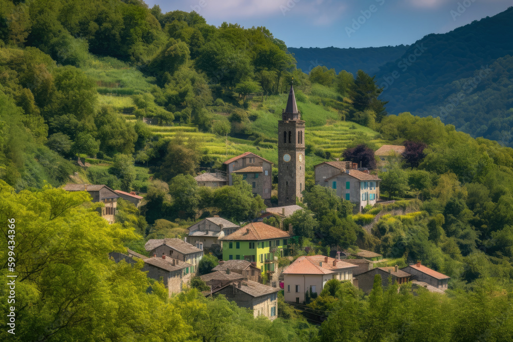 Charming village with bustling market square and striking clock tower nestled amidst rolling green hills, generative ai