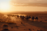 Caravan of Camels trekking through a Mystical Desert Landscape at Sunset, generative ai
