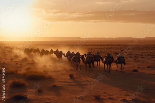 Caravan of Camels trekking through a Mystical Desert Landscape at Sunset  generative ai