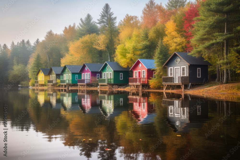 Fototapeta premium Colorful Cabins Nestled by the Calm Lake Waters, generative ai