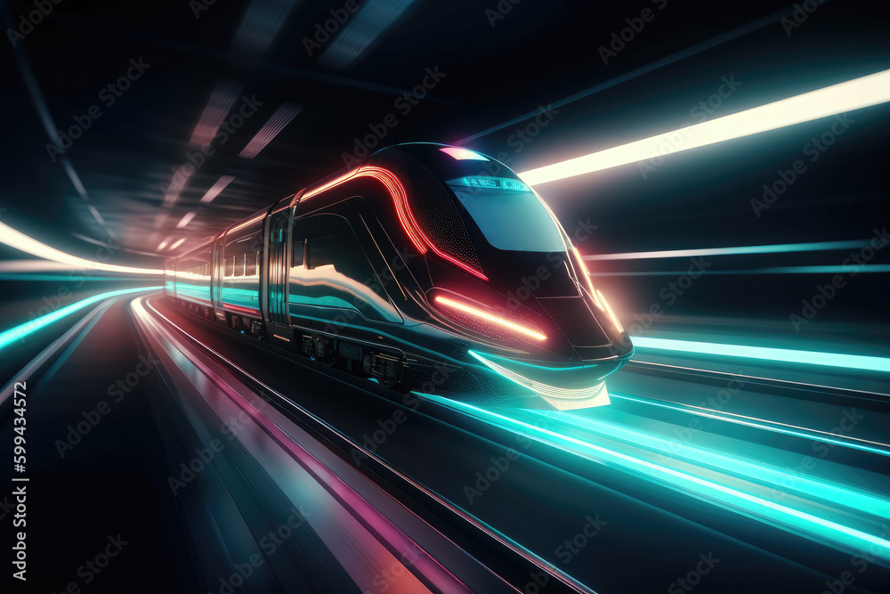Futuristic train moving forward fast, motion blur. Generative AI.