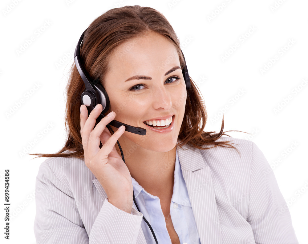 Shes pleased to be able to help. Professional call center agent working while wearing a headset - isolated on white. Shes pleased to be able to help. Professional call center agent working while wearing a headset - isolated on white.