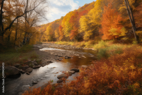 colorful autumn landscape with a river flowing through a valley surrounded by trees with leaves in shades of orange, yellow, and red, generative ai