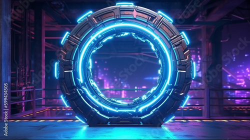Vibrant glowing neon portal with sci-fi metal construction Generative AI photo