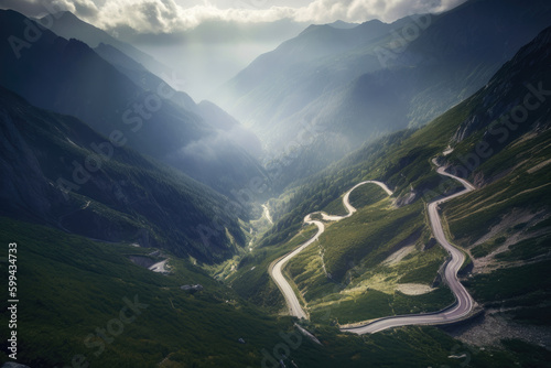 Discover the Hidden Treasures of the Mountain Pass on a Winding Road, generative ai