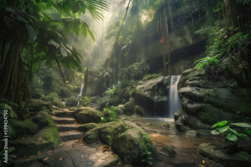 Discover the Mysteries of a Hidden Jungle Oasis with Cascading Waterfalls  generative ai