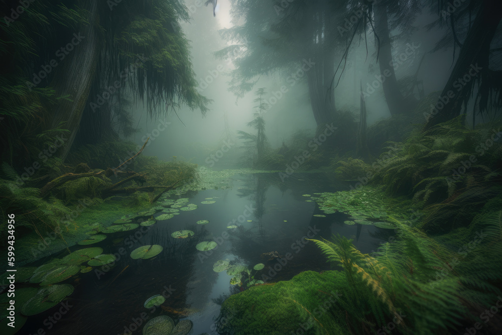 Enchanted Oasis hidden lake in the midst of a foggy forest surrounded by vibrant greenery, generative ai Enchanted Oasis hidden lake in the midst of a foggy forest surrounded by vibrant greenery, generative ai
