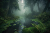 Enchanted Oasis hidden lake in the midst of a foggy forest surrounded by vibrant greenery, generative ai