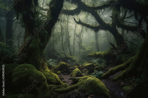 Enchanted Forest misty and magical woodland filled with an ethereal aura and a hidden grove of ancient trees that exude an otherworldly presence, generative ai © aicandy