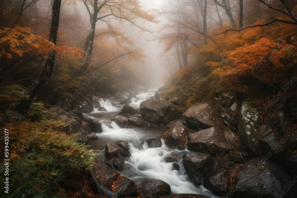 Experience the enchanting beauty of a misty mountain forest with a hidden waterfall, surrounded by colorful autumn foliage, generative ai Experience the enchanting beauty of a misty mountain forest with a hidden waterfall, surrounded by colorful autumn foliage, generative ai