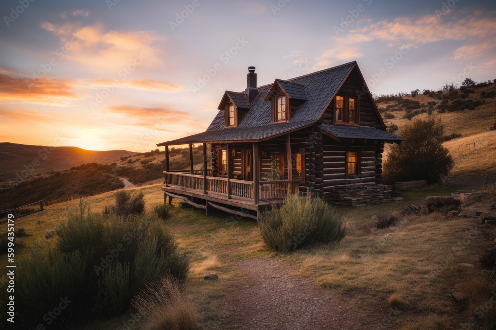 Experience the charm of log cabin living in the peaceful valley with stunning sunset views, generative ai