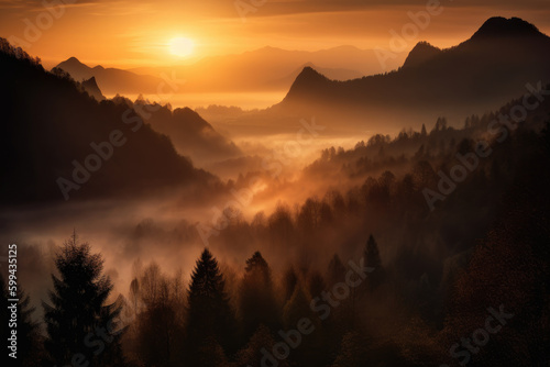 Enchanting mountain range blanketed in a mystical mist at sunrise, generative ai