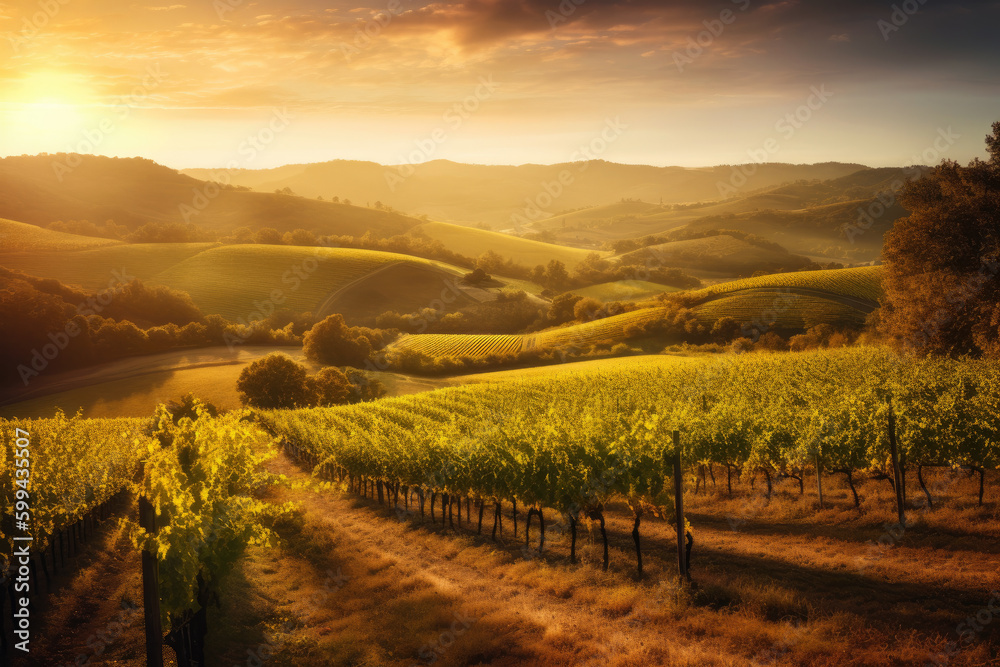 Golden Hour at the Vineyard Serene View of Rolling Hills and Lush Grapevines, generative ai