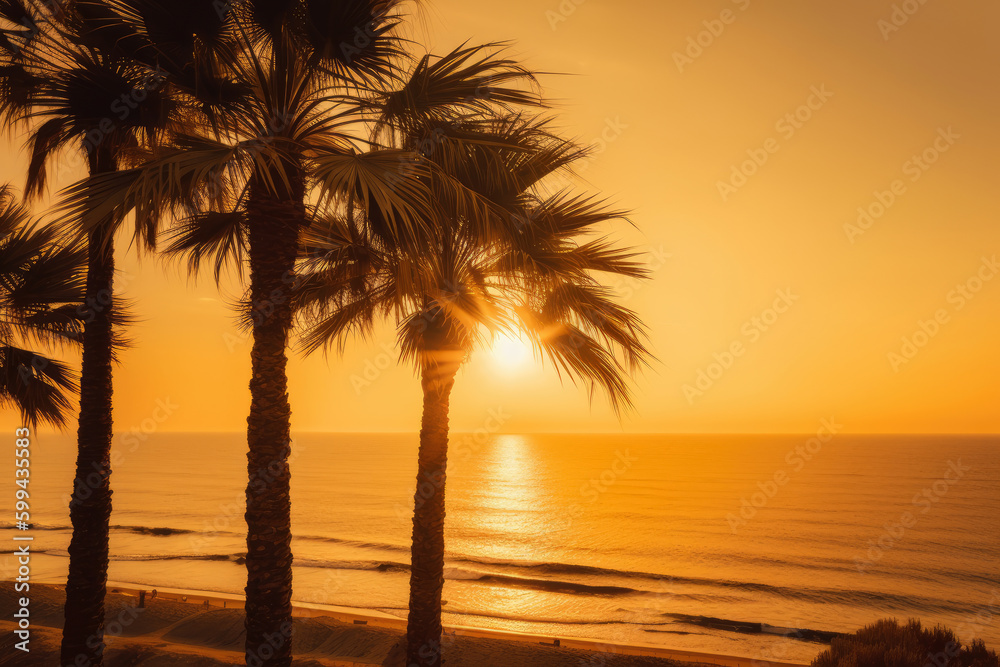 Golden Hour on the Seaside with Majestic Palm Trees, generative ai