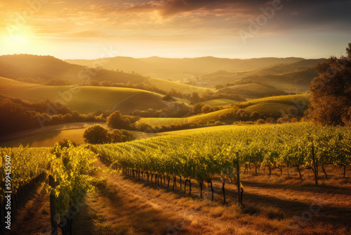 Golden Hour at the Vineyard Serene View of Rolling Hills and Lush Grapevines, generative ai © aicandy