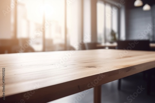 Empty Wooden Table with Blurred Interior Background Created with Generative AI © dendyh7