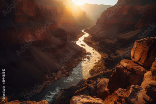 Golden hour lighting up a rocky canyon with winding rivers creating warm tones on the rugged terrain, generative ai