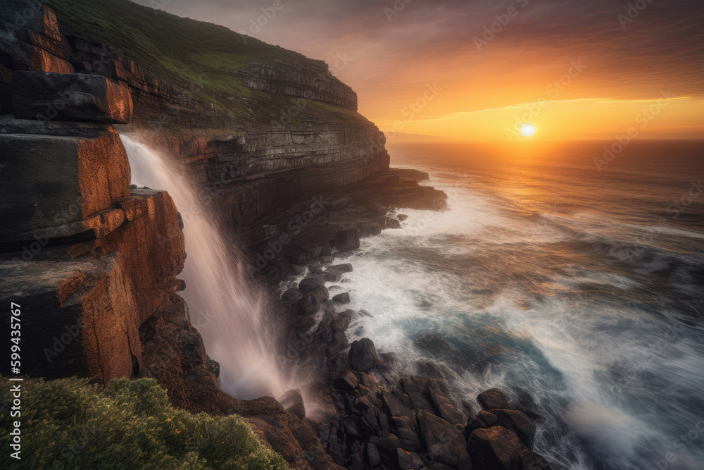 Fototapeta premium Grand Cliff Face with Waterfall and Fiery Sunset, generative ai