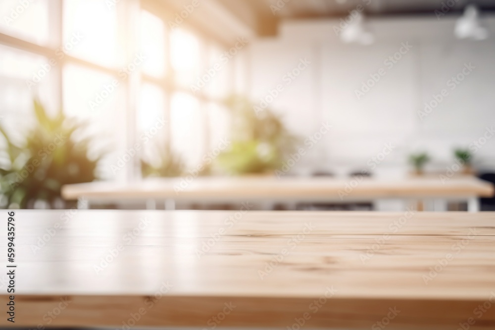 Empty Wooden Table with Blurred Interior Background Created with Generative AI Empty Wooden Table with Blurred Interior Background Created with Generative AI