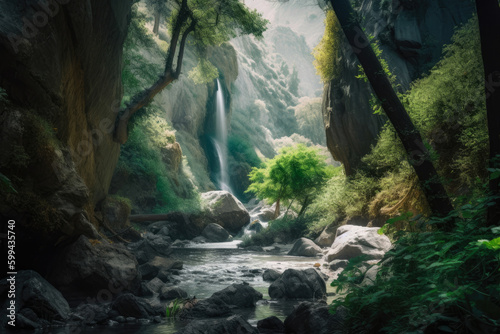 Gorgeous waterfall cascading through a rocky canyon surrounded by lush vegetation  generative ai