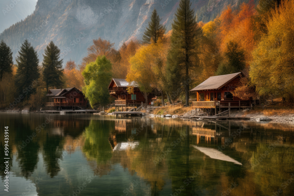 Fototapeta premium Idyllic Cabins by the Lake with a Peaceful Backdrop, generative ai