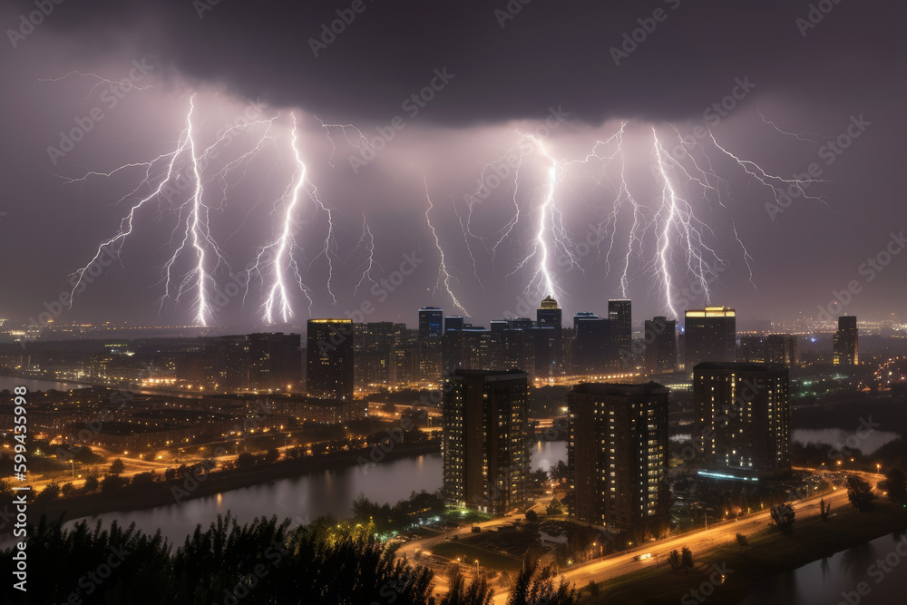 Intense lightning illuminates a cityscape during a stormy night, generative ai